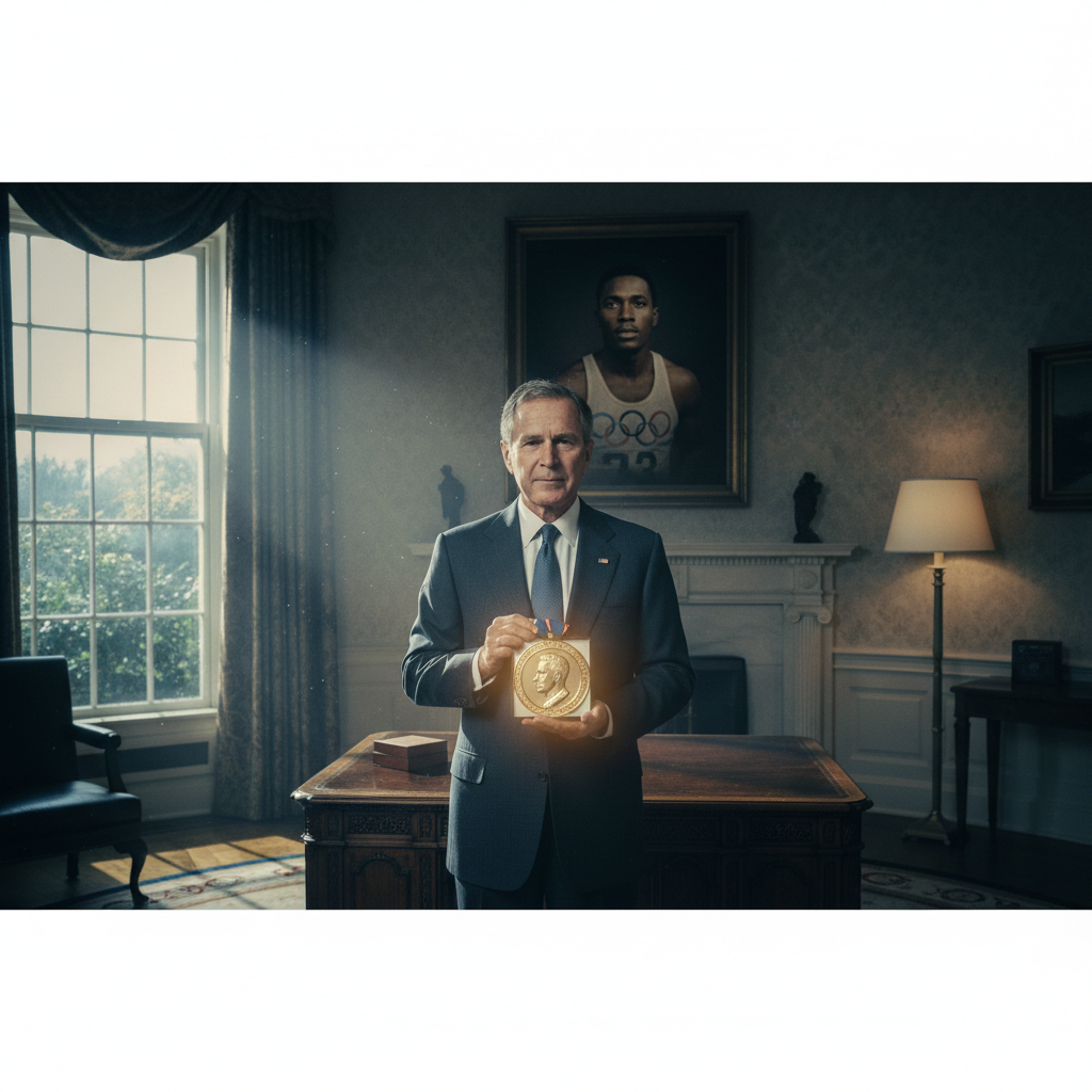 הנשיא בוש מעניק מדליית זהב של הקונגרס לג'סי אוונס לאחר מותו