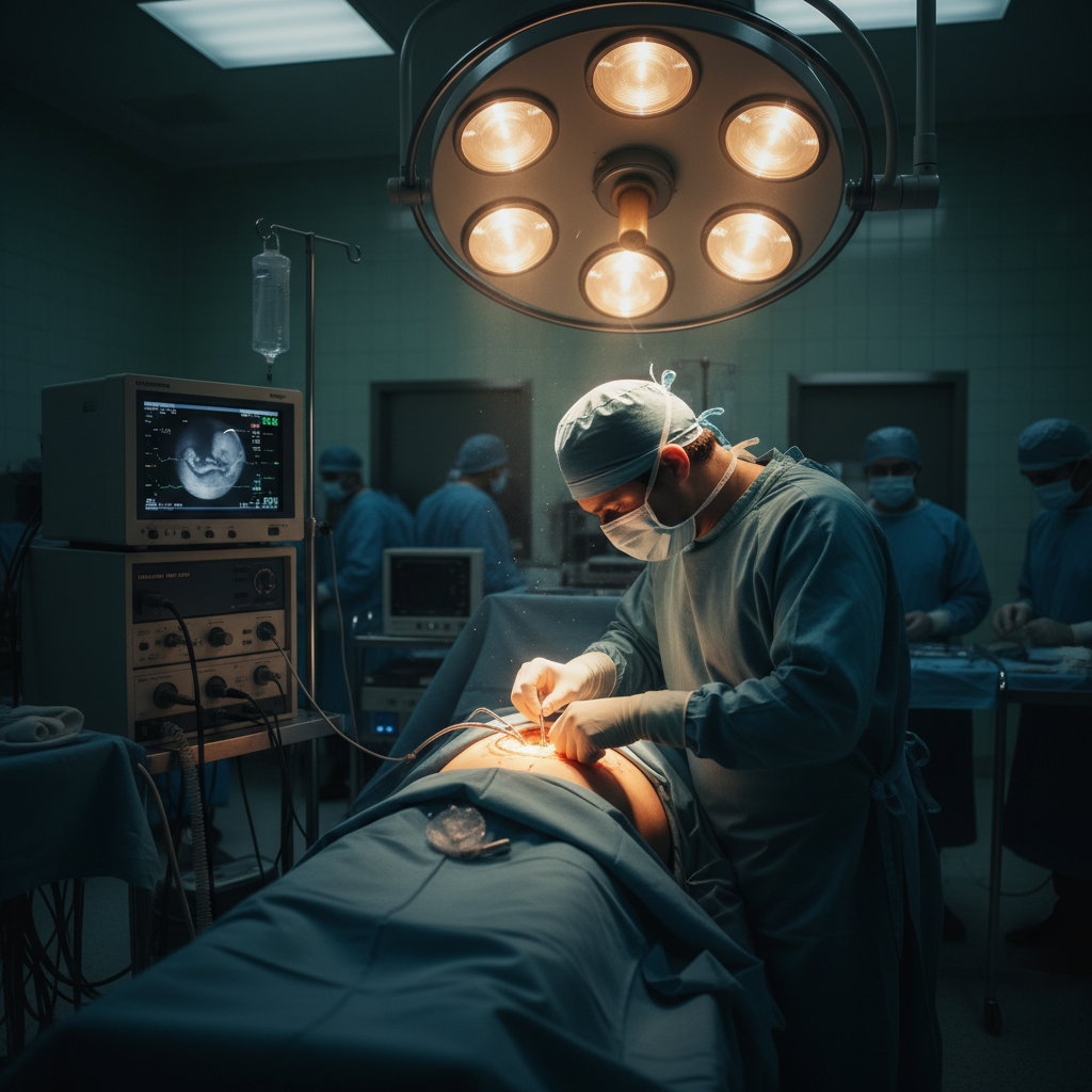 ד"ר מייקל הריסון מאוניברסיטת קליפורניה מבצע ניתוח עוברי ראשון בעולם